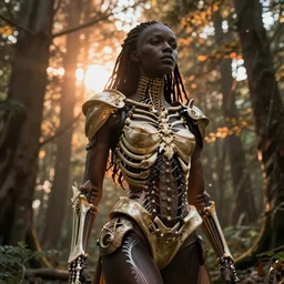 hyperrealistic long shot mithra gorgeous black woman intricate exoskeleton bone armor in a forest sun behind her concept art eric zener elson peter cinematic orange light low angle hd 8k sharp rack focus