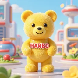 portrait of haribo bear in future city, color and shape focus, central composition, natural light, bloom, puff, by simon stalenhag and ren