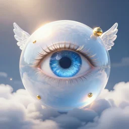 blue eye sphere. angel, half see - through clouds, sunshine from above, gradient lighting, hyper realistic, golden ornaments