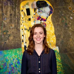 a portrait of female asa Butterfield mixed with pam beesly, happy, surrounded by plants, by gustav klimt