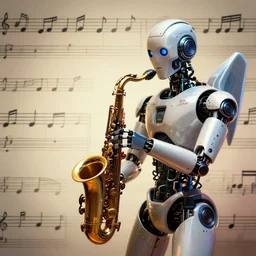 jazz, sci fi, music notes, robot, wallpaper, masterpiece, hdr, hyperrealistic