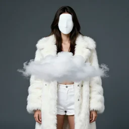realistic photo portrait of the common girl wearing white shorts, dressed in white long fur coat, face is covered with a blank mask, there is a cloud in the middle 1 9 9 0, life magazine reportage photo