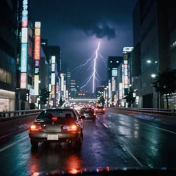 a 1 9 8 5 fairmont speeding down tokyo highway in the rain, night time, neon lights, thunderstorm, movie still from the movie bladerunner 2 0 4 9