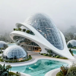 highly detailed futuristic architecture by felix candela, reflective lighting, stylized vegetation, glass domes, ground - level view, puddles of turquoise water, foggy atmosphere, stunning sunny lighting, sunrise, vivid colors, in the style of pixar animation, trending on artstation, 8 k, matte painting, ray tracing, hyper detailed, unreal engine 5, cinematic, epic lighting, cryengine, octane render, cyberpunk, red and orange glow, vibrant