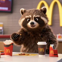 film still of Rocket Racoon working at McDonald's in the new Guardians of the Galaxy movie, 4k