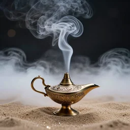 “Magic smoke swirling dramatically out of an ornate oil lamp in the sand, swirly smoke, surrounded by clouds, air particles, glitter, cinematic, dramatic, rule of thirds, 50mm lens, bokeh”