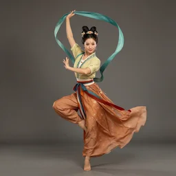 full body portrait of a dancer throwing silk belts, feet, barefoot, full body, tanned, vivacious, extremely beautiful, hanfu, chinese ribbon dance, wide ribbons, silk belt, wuxia, martial arts, ming dynasty, detailed, realistic face, anatomically accurate, fantasy illustration, dnd, artstation, wlop.