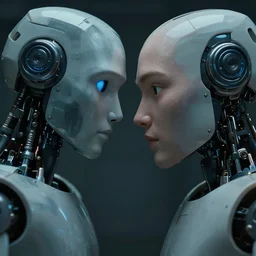 vfx film closeup, robots, death, love, flat color profile low - key lighting award winning photography arri alexa cinematography, hyper real photorealistic cinematic beautiful natural skin, famous face, atmospheric cool colorgrade