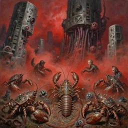 fine art oil painting varied muck jeweled, filthy rugated armored crustaceans clawing & terrified as massive brutalist structures, claustrophobic cilia sporing pox, final battle failure, red mustard gas fog, by alex nino, francesco blanc, h r giger, geof darrow, bisley, b wolverton, jack gaughan high resolution, hyper