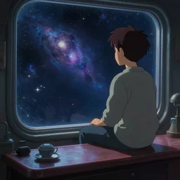 a guy sitting in a window looking out at space : : ufotable studio art style, ghibli studio, small details, realistic, portrait, magical aesthetic, fantasy aesthetic, sparkles, 4 k, hd, smooth, substance designer render,