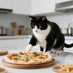 black and white exotic shorthair making pizza in a modern kitchen, realistic photo,