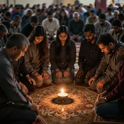a crowd of people prays to a lamp on a floor