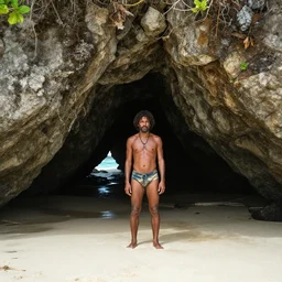 cave man stranded on tropical island