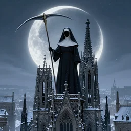 a veiled nun holding a scythe standing on top of a gothic cathedral in a snow covered gothic city, lit by a large crescent moon, fantasy art, deviant art, fantasy, high resolution, matte finish