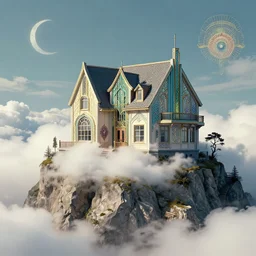 A house on a mountain cliff, clouds, art deco design, by Mandy Jurgens and Warhol, Ernst Haeckel, James Jean, artstation, concept art