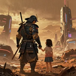 illustration of a worn out samurai holding hands with his daughter that got time travelled to a futuristic colonized Martian city, rainy day, neon glow concept art, sharp focus, cyberpunk 2077, scifi, octane render, art by Ilya Kuvshinov, wallpaper, highly detailed, anime key visual, warm colors, epic landscape, HD digital art, artstation