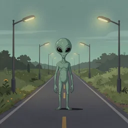 a study of cell shaded cartoon of a Grey alien on a country road, street lamps, road, illustration, wide shot, subtle colors, post grunge, concept art by josan gonzales and wlop, by james jean, Victo ngai, David Rubín, Mike Mignola, Laurie Greasley, highly detailed, sharp focus, alien, Trending on Artstation, HQ, deviantart, art by artgem