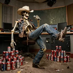 an enraged cowboy skeleton man screaming into a microphone while kicking over piles of soda cans in a rundown radio station studio