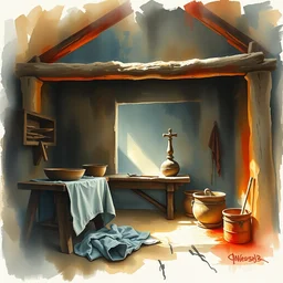 paint brush strokes, abstract watercolor painting of medieval workbench, cloth, art by hans dahl, by jesper ejsing, art by anders zorn, wonderful masterpiece by greg rutkowski, cinematic light, american romanticism by greg manchess, creation by tyler edlin