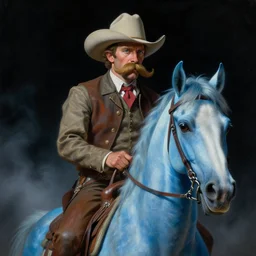 a close - up neoclassicist renaissance portrait of a cowboy with a giant mustache riding a extraterrestrial blue horse. glowing fog, gloomy black background. highly detailed science fiction painting by moebius, norman rockwell, frank frazetta, and syd mead. rich colors, high contrast, artstation