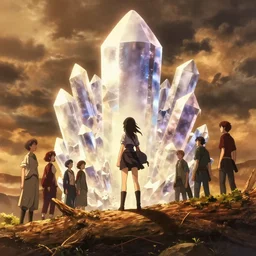 isekai masterpiece by mandy jurgens, irina french, rachel walpole, ross tran, illya kuvshinov, and alyn spiller of an anime woman standing tree log looking up at giant crystals, high noon, cinematic, very warm colors, intense shadows, ominous clouds, anime illustration, anime screenshot composite background