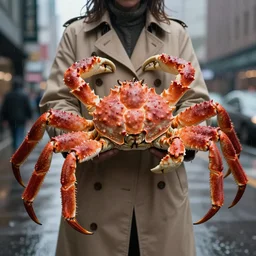 Giant crab housed hd masterpiece lensraiblur rainy moody cityscene with crabs in trenchcoats, national geographic, instagram, High quality award winning photography by Netflix. This city once used to be my home, now its a crabtown where trenchcoats come a dime a dozen.