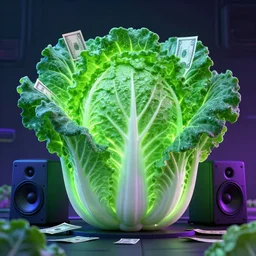 acid colors render very cute money cabbage, leaves as dollars!! glow, light kale! incorporated speakers!, cyberpunk highly detailed, unreal engine cinematic smooth, in the style of blade runner & detective, moody light, low angle, uhd 8 k, sharp focus