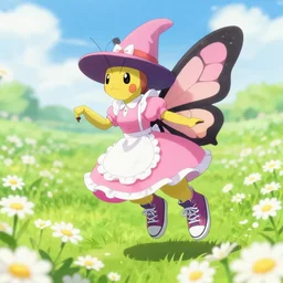 female butterfly pokemon with black eyes and antennae like a mantis wearing a floe pink maid dress floating over a field of daisies wearing converse skater shoes and a witch hat, digital illustration by arvalis