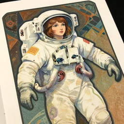 ( ( strong dither ) ), editorial illustration portrait of a young astronaut girl, colorful modern, art nouveau, fine texture, dynamic composition, detailed, matte print, dynamic perspective, muted color, lomography, ( ( risograph ) ), muted colors