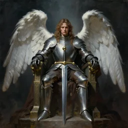 painting of a powerful angel in medieval knights armory and white wings sitting on an enormous sword throne. cinematic lighting, atmospheric lighting, haunted, terrifying atmosphere by greg rutkowski, evelyn de morgan, bruce pennington.