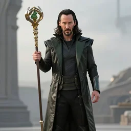 film still of Keanu Reeves as Loki holding scepter in Avengers Endgame
