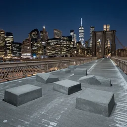 a grey scattered concrete construction of the skyline of new york viewed from the brooklyn bridge as painted by james jean at night
