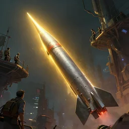 closeup of a missile pointed towards the sky with a huge platform engineers watching, cyberpunk, moody, luminescent, rule of thirds, golden ratio, ambient lighting, syd mead, greg rutkowski, wlop, artgerm, artstation, highly detailed masterpiece