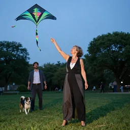 sexy modern grandma who is fully clothed flying a kite with her younger engineer boyfriend in a dog park, venus effect, high-res, photography, blue hour,
