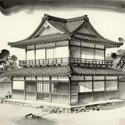 japanese building in the style of 墨絵