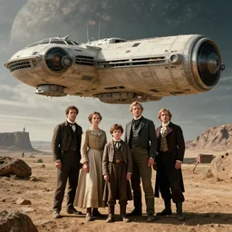 sharp, highly detailed, 435456k film, 1612800mm film still from a sci fi blockbuster color movie made in 2019, set in 1860, of a family standing in front of a spaceship that has just landed on an alien planet, the family are all wearing 1860s era clothes, good lighting, good photography, ultra high definition, in focus