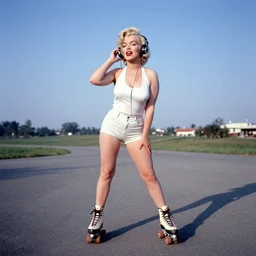 marilyn monroe chewing gum while rollerblading and listening to a walkman with headphones on, kodachrome, full - body, wide angle