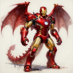 a oil sketch of a iron man dragon suit, blood red in color, based off of a dragon, paint smears, comic iron man, dragon robot, iron man, robot, marvel, oil painting, gta 5 cover art, by artgem