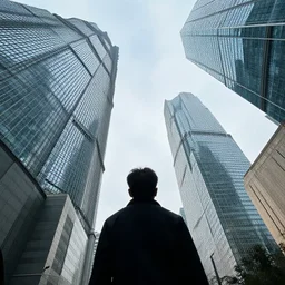 a persons view of skyscrapers from below, looking up