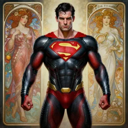 portrait of crossfit bodybuilder fitness sprinter superman!, futuristic detailed ornate cyberpunk costume!, red and black costume!!!, pale skin!, no logo!!!, painted art by tsuyoshi nagano, greg rutkowski, artgerm, alphonse mucha, spike painting