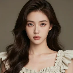 color photo of a goddess with wavy hair, ruffly dress. symmetrical face. symmetrical detailed defined eyes..