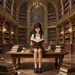 girl in glasses, closed eyes with a book in big hall, full body, sit on table with books, magic library, intricate, elegant, highly detailed, digital painting, artstation, matte, sharp focus, illustration, highly detailed, octane render, excellent composition, by wlop, tooth wu, greg rutkowski, beeple