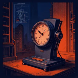 time machine blueprint by, mads berg, karolis strautniekas, film noir, stippled light, dramatic lighting, editorial illustration, detailed, fine texture, matte print, art deco, brutalism, dark blue + dark orange, red, black, ( ( habitat 6 7 background ) )