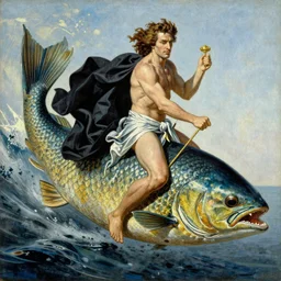 High detailed painting of James Gandolfini as Neptune riding a giant fish by J. C. Leyendecker