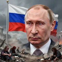 vladimir putin, russia flag pole, after nuclear war, beggars in russia hungry scary bums and devastation, realistic face, digital art