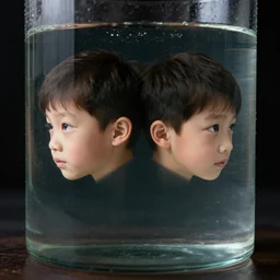 Two-headed boy all floating in glass