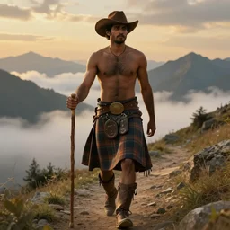 a dramatic epic beautiful ethereal painting of a shirtless handsome south asian cowboy on a mountain path | he has a hairy chest and is wearing a plaid kilt and cowboy hat, and holding a walking stick | background is mountain peaks and clouds | dramatic lighting, golden hour, homoerotic, realistic, art nouveau | by mark maggiori | trending on artstation