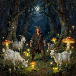 an enchanted forest at night illuminated by glowing mushrooms with goats grazing, tim hildebrandt, wayne barlowe, bruce pennington, donato giancola, larry elmore, oil on canvas, masterpiece, trending on artstation, featured on pixiv, cinematic composition, dramatic pose, beautiful lighting, sharp, details, hyper - detailed, hd, hdr, 4 k, 8 k