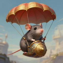 cute pet rat parachuting from a plane, deep focus, d & d, fantasy, intricate, elegant, highly detailed, digital painting, artstation, concept art, matte, sharp focus, illustration, hearthstone, art by artgerm and greg rutkowski and alphonse mucha