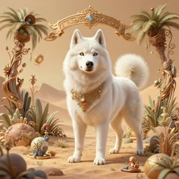 white alaskan husky creature in a desert lush oasis, warm tones : : by guillermo del toro, daniel merriam, victo ngai and michal karcz : : ornate, dynamic, particulate, intricate, elegant, highly detailed, centered, artstation, smooth, sharp focus, octane render